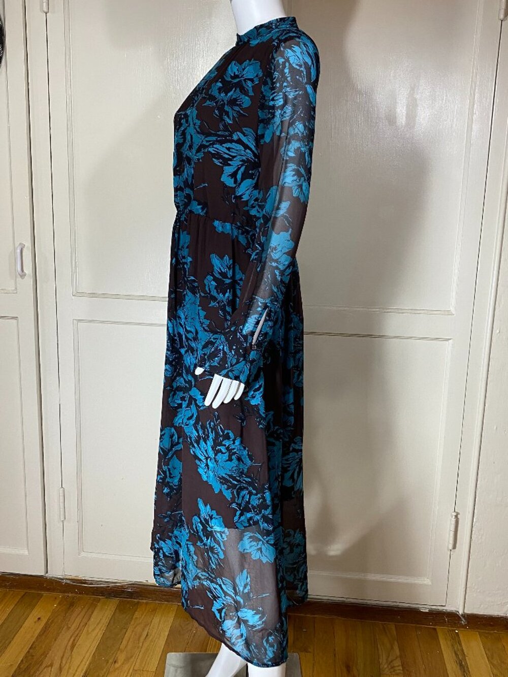 WHO WHAT WEAR Brown Blue Floral Fit Flare Midi Dress Long Sleeve Sheer Sz M Boho - Picture 3 of 10